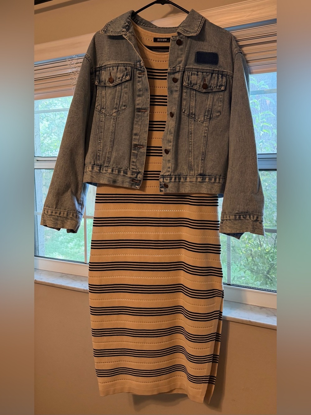 Striped Knit Midi Dress in Tan with Denim Jacket